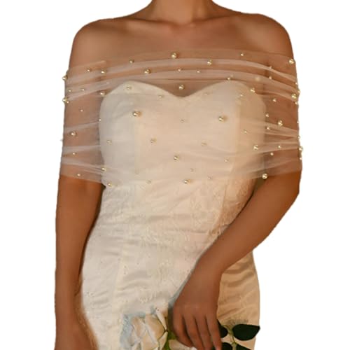 SHTGOI Bolero Umhang Spitze Hochzeitsschal Brautumhang Wickelstola mit Kunstperlen Schnalle Schulterfreier Capelets Spitzenschal für Party Glitter Damen Braut Hochzeit Tüll Stola von SHTGOI