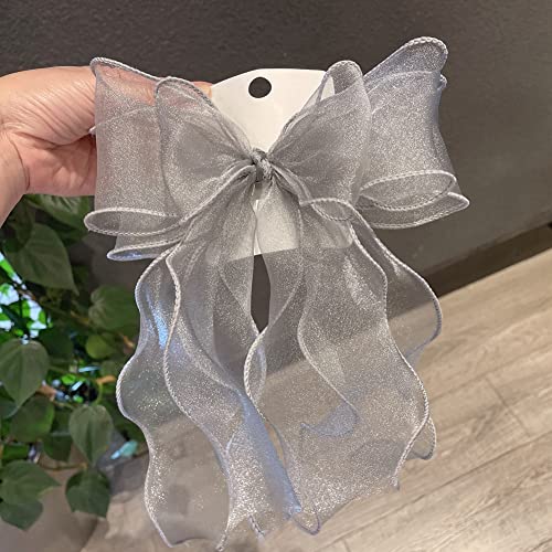 SHTGOI Haarspange Dreilagigem Tüll Schleife Haarklammern Schleifenband Elegante Lange Organza Schleife Haarschmuck Damen Band Haarspangen Haar Accessoire für Hochzeit Geburtstagsfeier Grau von SHTGOI