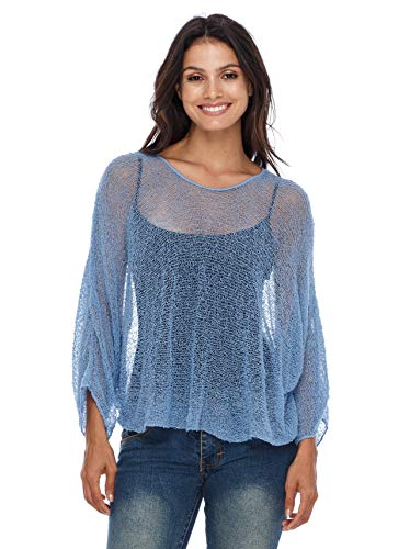 SHU-SHI - Damen Blusen-Oberteil im Poncho-Stil - transparent - leichtes Strickmaterial - Einheitsgröße - Babyblau von SHU-SHI