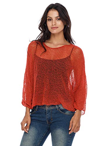 SHU-SHI - Damen Blusen-Oberteil im Poncho-Stil - transparent - leichtes Strickmaterial - Einheitsgröße - Dunkelorange von SHU-SHI