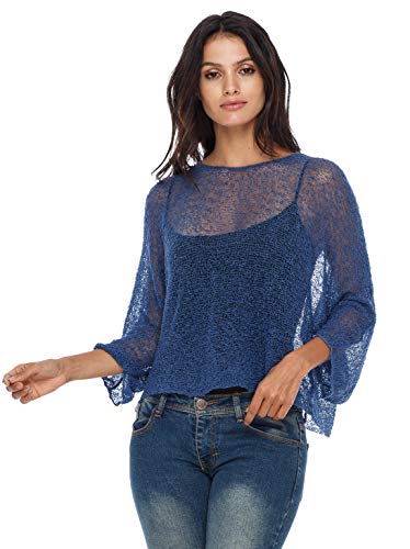 SHU-SHI - Damen Blusen-Oberteil im Poncho-Stil - transparent - leichtes Strickmaterial - Einheitsgröße - Dunkles Jeansblau von SHU-SHI