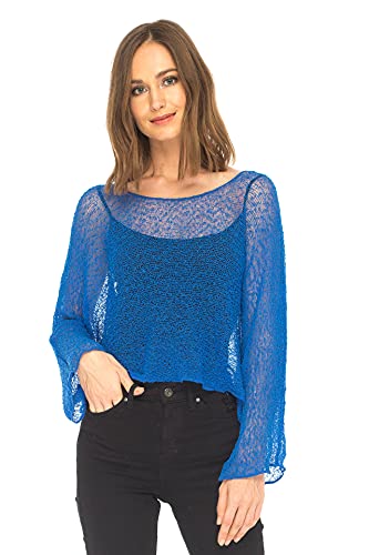 SHU-SHI - Damen Blusen-Oberteil im Poncho-Stil - transparent - leichtes Strickmaterial - Einheitsgröße - Kobaltblau von SHU-SHI