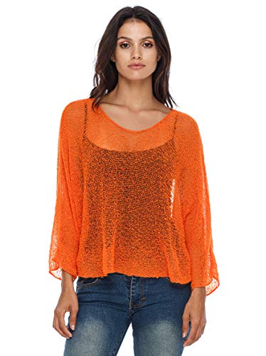 SHU-SHI - Damen Blusen-Oberteil im Poncho-Stil - transparent - leichtes Strickmaterial - Einheitsgröße - Orange von SHU-SHI