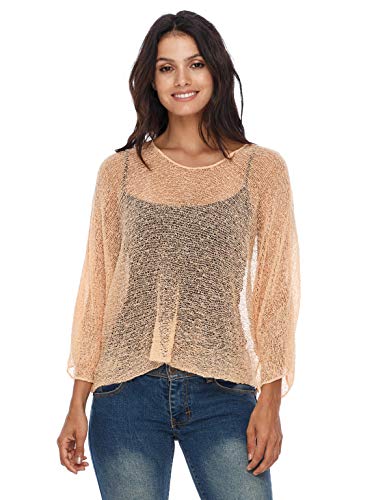 SHU-SHI - Damen Blusen-Oberteil im Poncho-Stil - transparent - leichtes Strickmaterial - Einheitsgröße - Pfirsichfarben von SHU-SHI