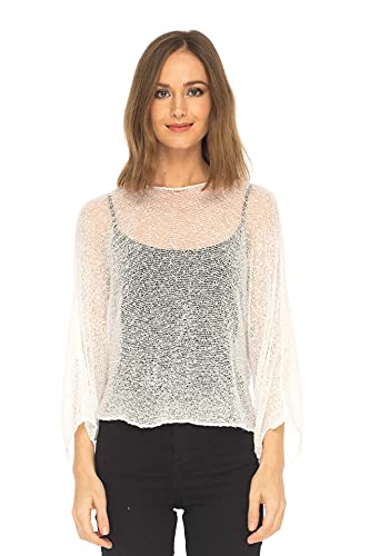 SHU-SHI - Damen Blusen-Oberteil im Poncho-Stil - transparent - leichtes Strickmaterial - Einheitsgröße - Weiß von SHU-SHI