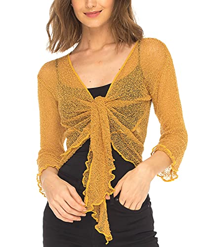 SHU-SHI - Damen Bolero-Cardigan zum Zubinden - transparent - leichtes Strickmaterial - EinheitsgröÃŸe - Goldfarben von SHU-SHI