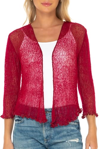 SHU-SHI - Damen Bolero-Cardigan zum Zubinden - transparent - leichtes Strickmaterial - EinheitsgröÃŸe - Weinrot von SHU-SHI