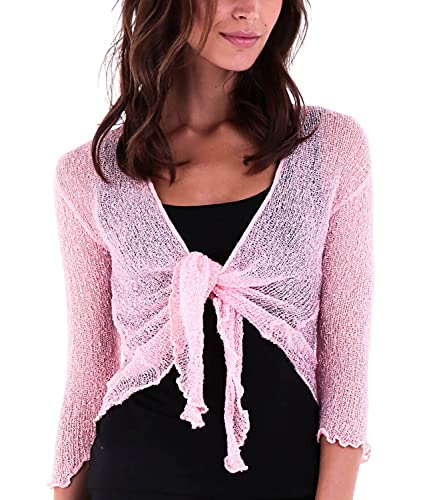 SHU-SHI - Damen Bolero-Cardigan zum Zubinden - transparent - leichtes Strickmaterial - Einheitsgröße - Babyrosa von SHU-SHI