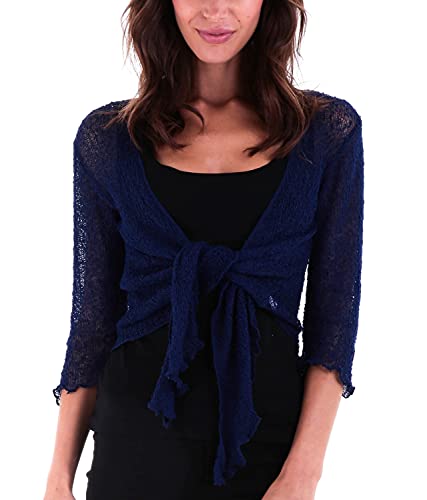 SHU-SHI - Damen Bolero-Cardigan zum Zubinden - transparent - leichtes Strickmaterial - Einheitsgröße - Dunkelblau von SHU-SHI