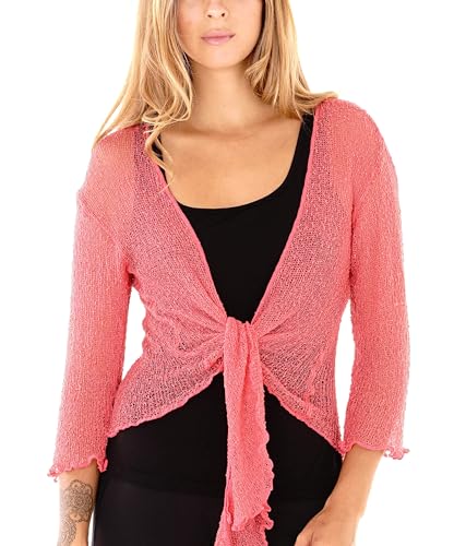 SHU-SHI - Damen Bolero-Cardigan zum Zubinden - transparent - leichtes Strickmaterial - Einheitsgröße - Koralle von SHU-SHI