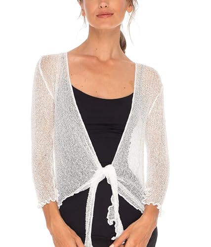 SHU-SHI - Damen Bolero-Cardigan zum Zubinden - transparent - leichtes Strickmaterial - EinheitsgröÃŸe - ReinweiÃŸ von SHU-SHI