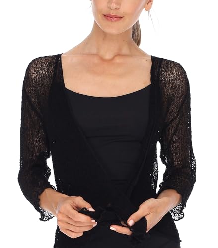 SHU-SHI - Damen Bolero-Cardigan zum Zubinden - transparent - leichtes Strickmaterial - Einheitsgröße - Schwarz von SHU-SHI