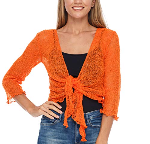 SHU-SHI - Damen Bolero-Cardigan zum Zubinden - transparent - leichtes Strickmaterial - Einheitsgröße - Sunset Orange von SHU-SHI