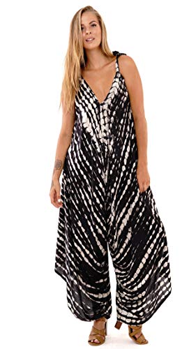 SHU-SHI - Damen Harem-Jumpsuit - legerer Einteiler mit weitem Bein - lockere Passform - Batikmotiv - Schwarz - M-L von SHU-SHI