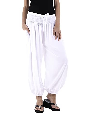 SHU-SHI - Damen Haremshose im Boho-Stil - Weite Capri-Hose mit elastischem Bund & seitlicher Tasche - Weiß - XL von SHU-SHI