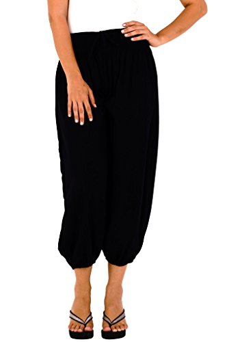 SHU-SHI - Damen Haremshose im Boho-Stil - weite Capri-Hose mit elastischem Bund & seitlicher Tasche - Schwarz - L von SHU-SHI