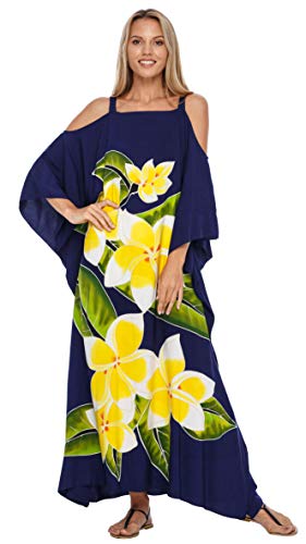 SHU-SHI Damen Kaftan-Kleid Maxi Strand Cover Up Schulter Übergröße Caftan Floral Coverup, blau, Einheitsgröße von SHU-SHI