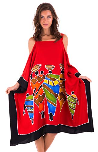 SHU-SHI - Damen Kaftan-Kleid im Poncho-Stil - Cut-Outs an den Schultern - kurz - zum Tragen über Badekleidung - handbemaltes Tribal-Design - Übergröße - Familienmotiv - Rot von SHU-SHI