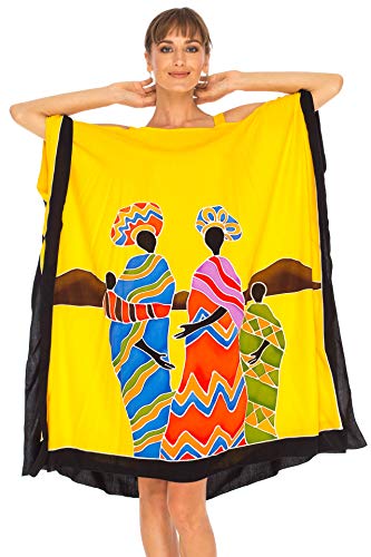 SHU-SHI - Damen Kaftan-Kleid im Poncho-Stil - Cut-Outs an den Schultern - kurz - zum Tragen über Badekleidung - handbemaltes Tribal-Design - Übergröße - Freundemotiv - Gelb von SHU-SHI
