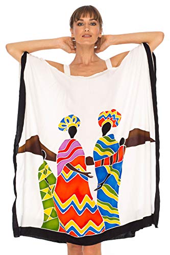 SHU-SHI - Damen Kaftan-Kleid im Poncho-Stil - Cut-Outs an den Schultern - kurz - zum Tragen über Badekleidung - handbemaltes Tribal-Design - Übergröße - Freundemotiv - Weiß von SHU-SHI