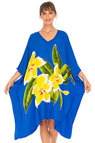 SHU-SHI - Damen Kaftan-Kleid - kurz - im Poncho-Stil - zum Tragen über dem Badeanzug - ideal für den Strand - Oversize - Einheitsgröße - Blau von SHU-SHI