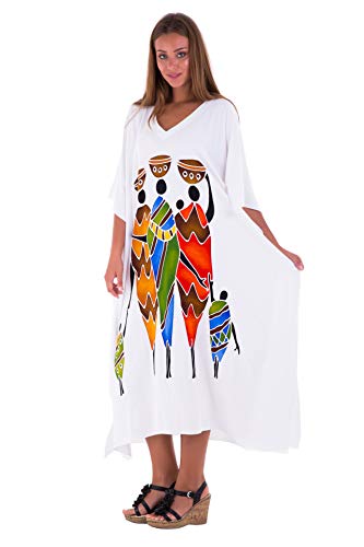 SHU-SHI - Damen Kaftankleid - langer Kimono zum Tragen über der Badekleidung - Tribal-Design - Familienmotiv - Weiß von SHU-SHI