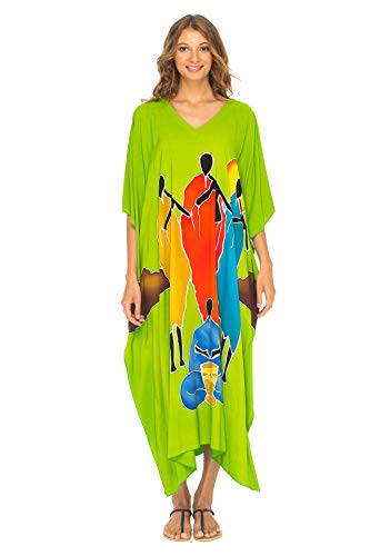 SHU-SHI - Damen Kaftankleid - Langer Kimono zum Tragen über der Badekleidung - Tribal-Design - Flötenmotiv - Limettengrün von SHU-SHI