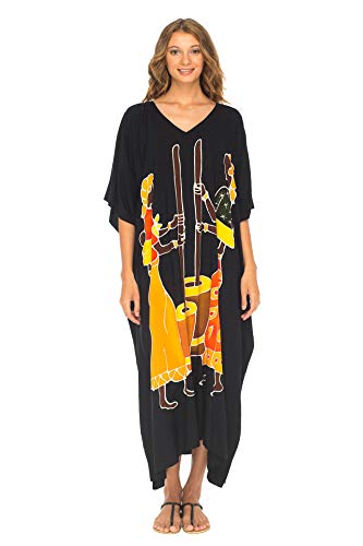 SHU-SHI - Damen Kaftankleid - Langer Kimono zum Tragen über der Badekleidung - Tribal-Design - Stampfende Frauen - Schwarz von SHU-SHI