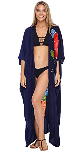 SHU-SHI - Damen Kimono im Cardigan-Look - vorne offen - zum Überziehen am Strand - Blumenmotiv - Einheitsgröße - Blau von SHU-SHI