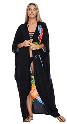 SHU-SHI - Damen Kimono im Cardigan-Look - vorne offen - zum Überziehen am Strand - Blumenmotiv - Einheitsgröße - Schwarz von SHU-SHI