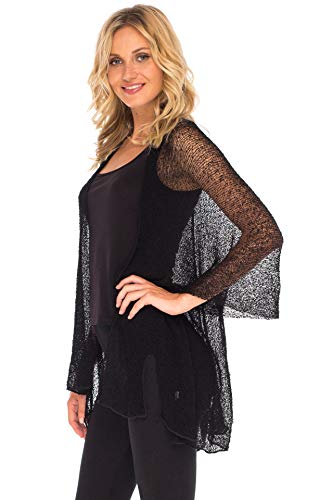 SHU-SHI - Damen Kimono im Cardigan-Look - vorne offen - zum Überziehen am Strand - transparentes Strickmaterial - lang - Schwarz von SHU-SHI