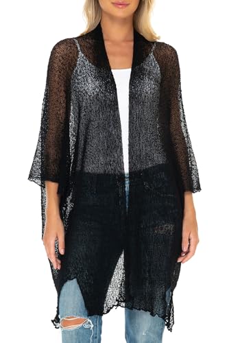 SHU-SHI - Damen Kimono im Cardigan-Look - vorne offen - zum Ãœberziehen am Strand - transparentes Strickmaterial - lang - Schwarz von SHU-SHI