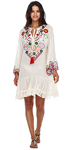 SHU-SHI - Damen Kleid im Tunika-Stil - kurz & Bestickt - lässiges Boho-Kleid mit Trompetenärmeln - zum Tragen über der Badekleidung - Altweiß - S von SHU-SHI