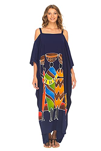 SHU-SHI - Damen Maxi-Kaftankleid - Cut-Out an den Schultern - idealer Freizeit-Look für den Strand - Oversize - Einheitsgröße - Dunkelblau - Familienmotiv von SHU-SHI