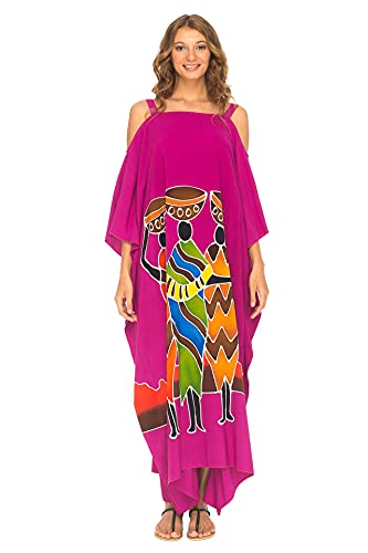 SHU-SHI - Damen Maxi-Kaftankleid - Cut-Out an den Schultern - idealer Freizeit-Look für den Strand - Oversize - Einheitsgröße - Fuchsia - Familienmotiv von SHU-SHI