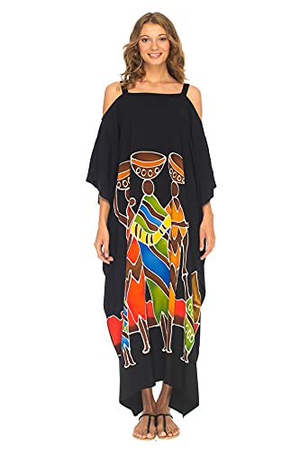 SHU-SHI - Damen Maxi-Kaftankleid - Cut-Out an den Schultern - idealer Freizeit-Look für den Strand - Oversize - Einheitsgröße - Schwarz - Familienmotiv von SHU-SHI