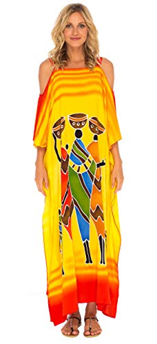 SHU-SHI - Damen Maxi-Kaftankleid - Cut-Out an den Schultern - idealer Freizeit-Look für den Strand - Tribal-Design - Oversize - Einheitsgröße - Gelb von SHU-SHI