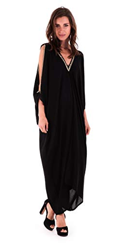 SHU-SHI - Damen Maxi-Kaftankleid - V-Ausschnitt & Cut-Out an den Schultern - goldfarbene Perlen - Schwarz - M von SHU-SHI