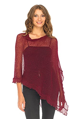 SHU-SHI - Damen Poncho-Top mit Rüschen - transparent - leichtes Strickmaterial - EinheitsgröÃŸe - Kastanienrot von SHU-SHI