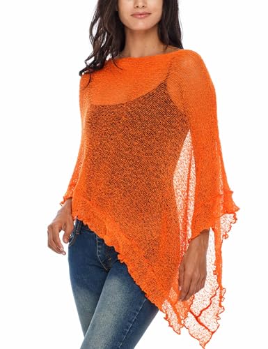 SHU-SHI - Damen Poncho-Top mit Rüschen - transparent - leichtes Strickmaterial - EinheitsgröÃŸe - Leuchtendes Orange von SHU-SHI
