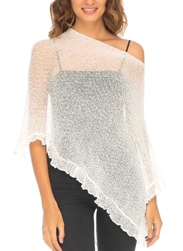 SHU-SHI - Damen Poncho-Top mit Rüschen - transparent - leichtes Strickmaterial - EinheitsgröÃŸe - WeiÃŸ von SHU-SHI