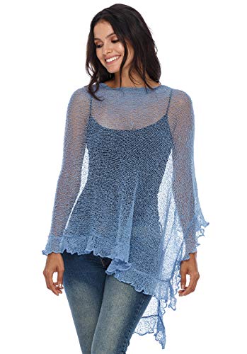 SHU-SHI - Damen Poncho-Top mit Rüschen - transparent - leichtes Strickmaterial - Einheitsgröße - Babyblau von SHU-SHI