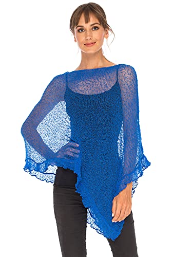 SHU-SHI - Damen Poncho-Top mit Rüschen - transparent - leichtes Strickmaterial - Einheitsgröße - Blau von SHU-SHI