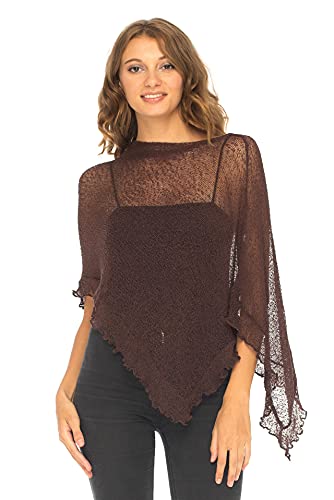 SHU-SHI - Damen Poncho-Top mit Rüschen - transparent - leichtes Strickmaterial - Einheitsgröße - Braun von SHU-SHI