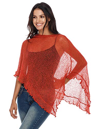 SHU-SHI - Damen Poncho-Top mit Rüschen - transparent - leichtes Strickmaterial - Einheitsgröße - Dunkelorange von SHU-SHI