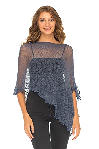 SHU-SHI - Damen Poncho-Top mit Rüschen - transparent - leichtes Strickmaterial - Einheitsgröße - Jeansblau von SHU-SHI