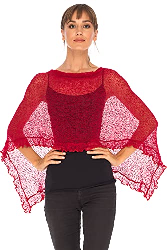 SHU-SHI - Damen Poncho-Top mit Rüschen - transparent - leichtes Strickmaterial - Einheitsgröße - Kirschrot von SHU-SHI