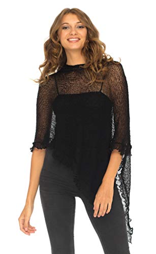 SHU-SHI - Damen Poncho-Top mit Rüschen - transparent - leichtes Strickmaterial - Einheitsgröße - Schwarz von SHU-SHI