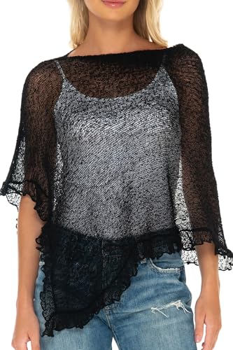SHU-SHI - Damen Poncho-Top mit Rüschen - transparent - leichtes Strickmaterial - EinheitsgröÃŸe - Schwarz von SHU-SHI
