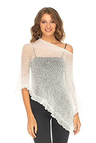 SHU-SHI - Damen Poncho-Top mit Rüschen - transparent - leichtes Strickmaterial - Einheitsgröße - Weiß von SHU-SHI